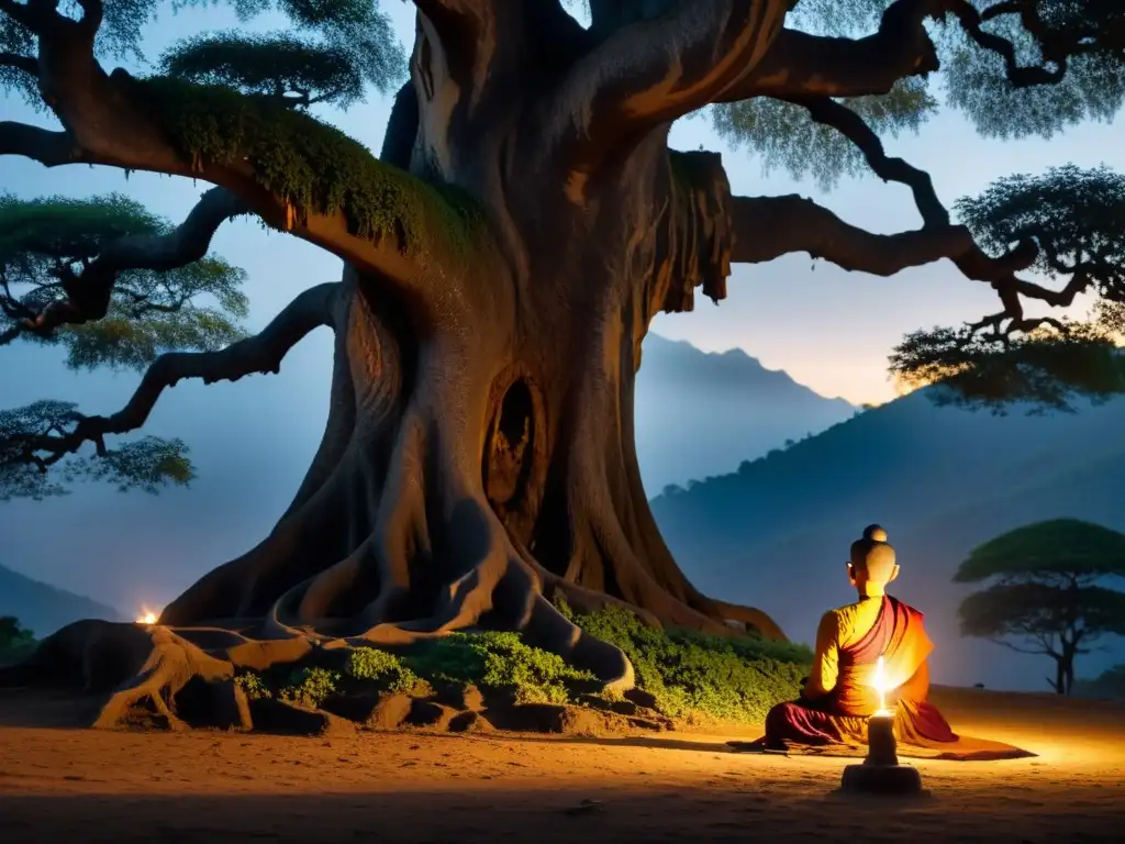 Un momento de meditación bajo un árbol Bodhi, con luz de velas y raíces entrelazadas