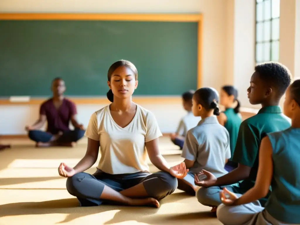 Un momento de meditación en clase, con estudiantes y profesor en armonía