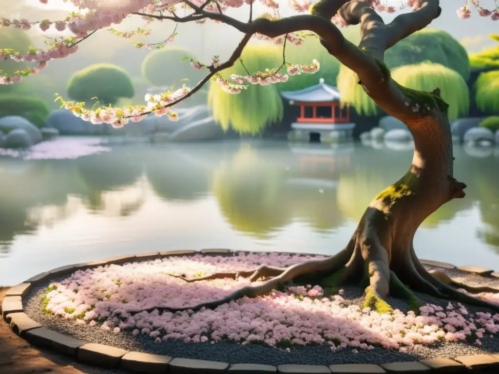 Un momento efímero de paz y belleza en un jardín japonés con un cerezo en flor