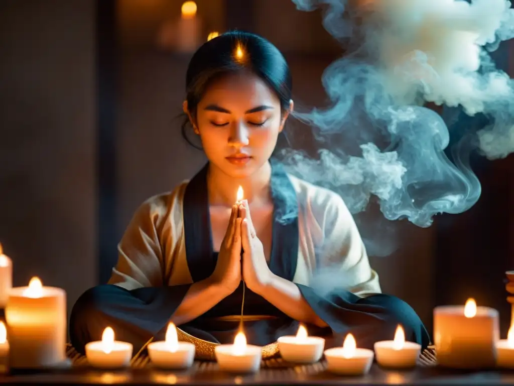 Un momento de meditación en un entorno sereno con velas e incienso