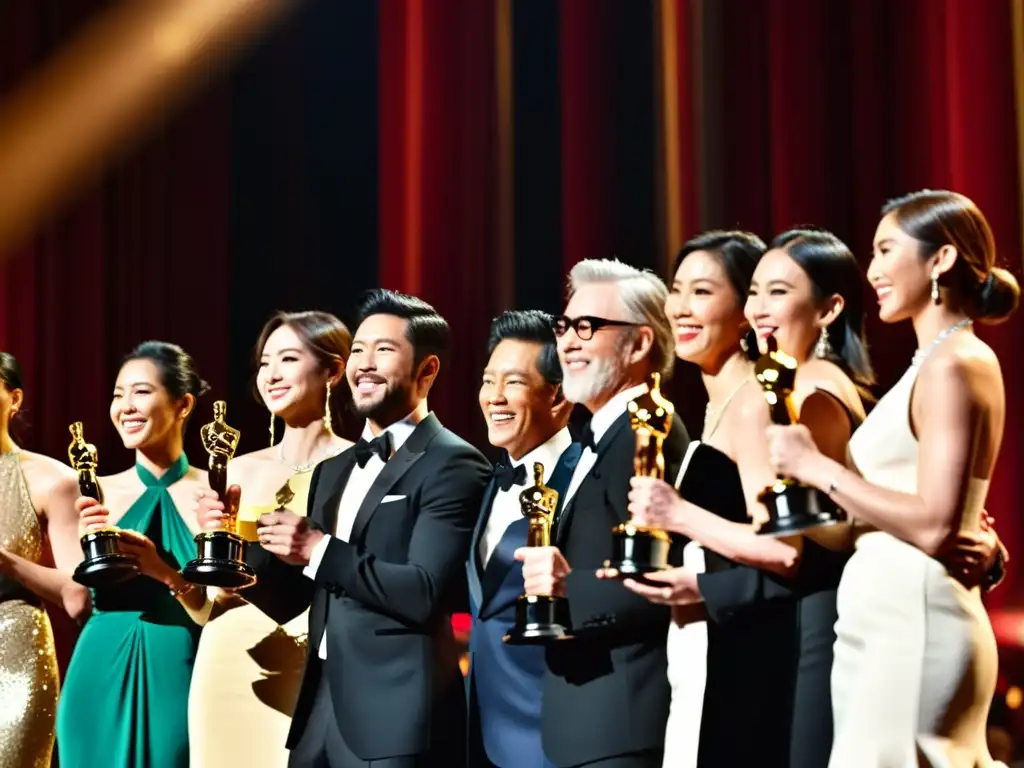 Un momento histórico en el escenario de los Óscar, con cineastas y actores asiáticos celebrando victorias