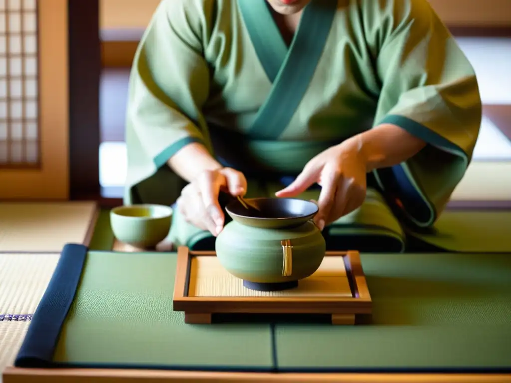 Ceremonia del té japonesa: gracia y precisión en acción Un momento sereno de la ceremonia del té japonés, en una habitación de tatami, con luz natural filtrándose suavemente a través de las pantallas shoji