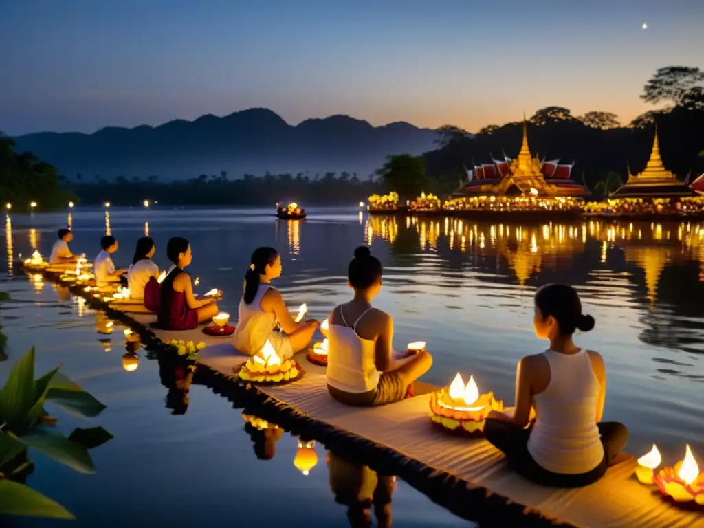 Un momento sereno de meditación en el Festival de Loy Krathong, con cestas flotantes iluminadas por velas en el río