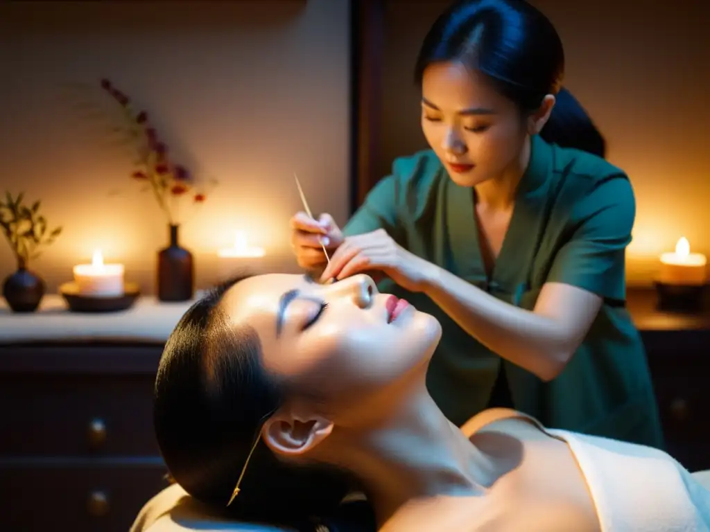 Un momento de tranquilidad en la clínica de medicina china, donde un acupuntor coloca delicadamente agujas en el rostro de un cliente relajado