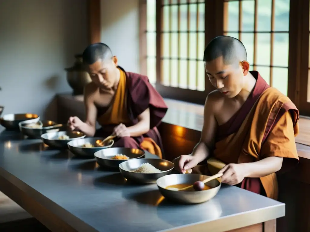 Un momento de tranquilidad y devoción en la cocina monástica coreana, donde la iluminación suave realza el sabor y la espiritualidad