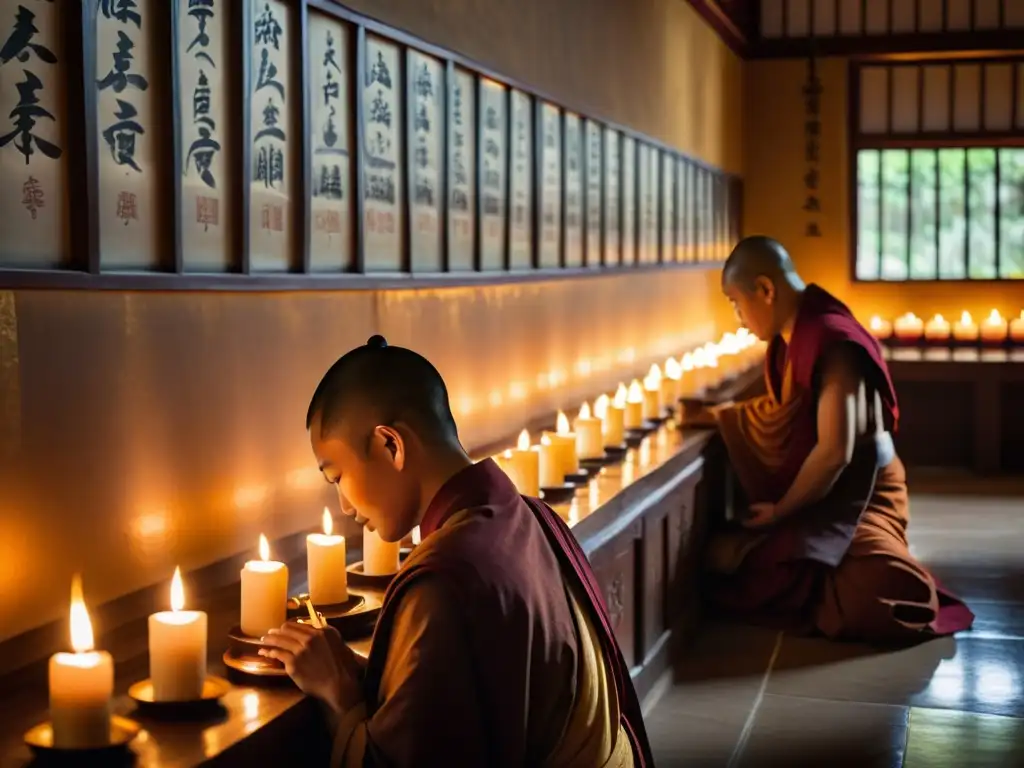 Monasterio budista iluminado por velas con caligrafía budista, reflejando arte y espiritualidad