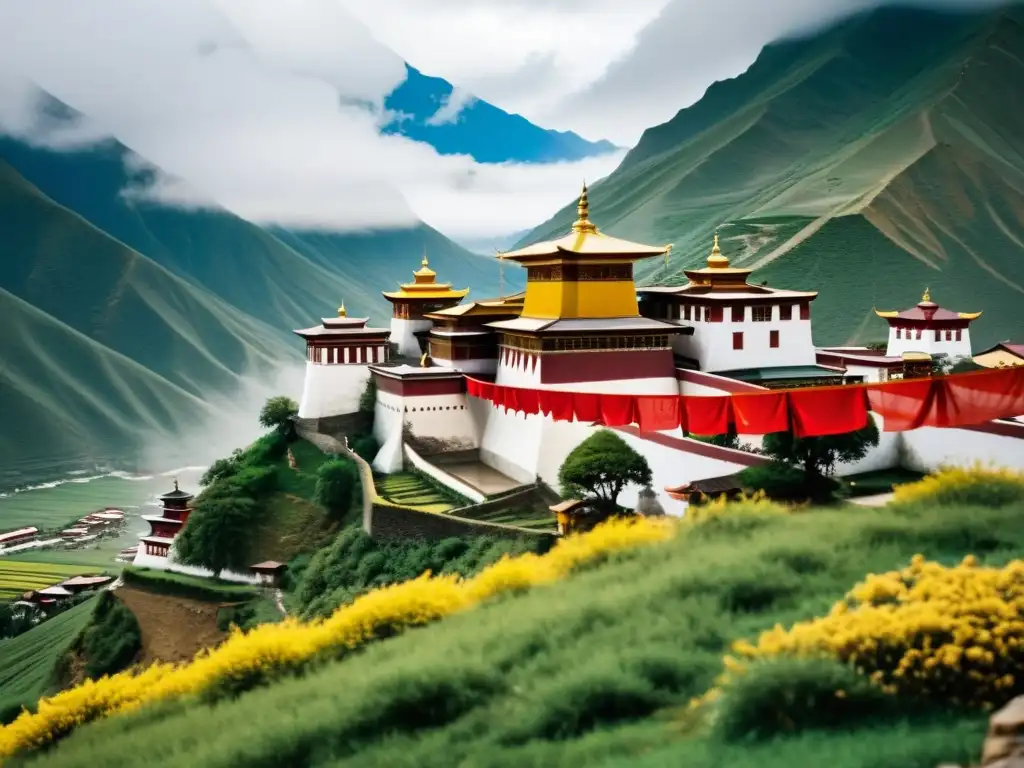 Monasterio budista en las montañas tibetanas, enseñanzas budistas ciclo vida