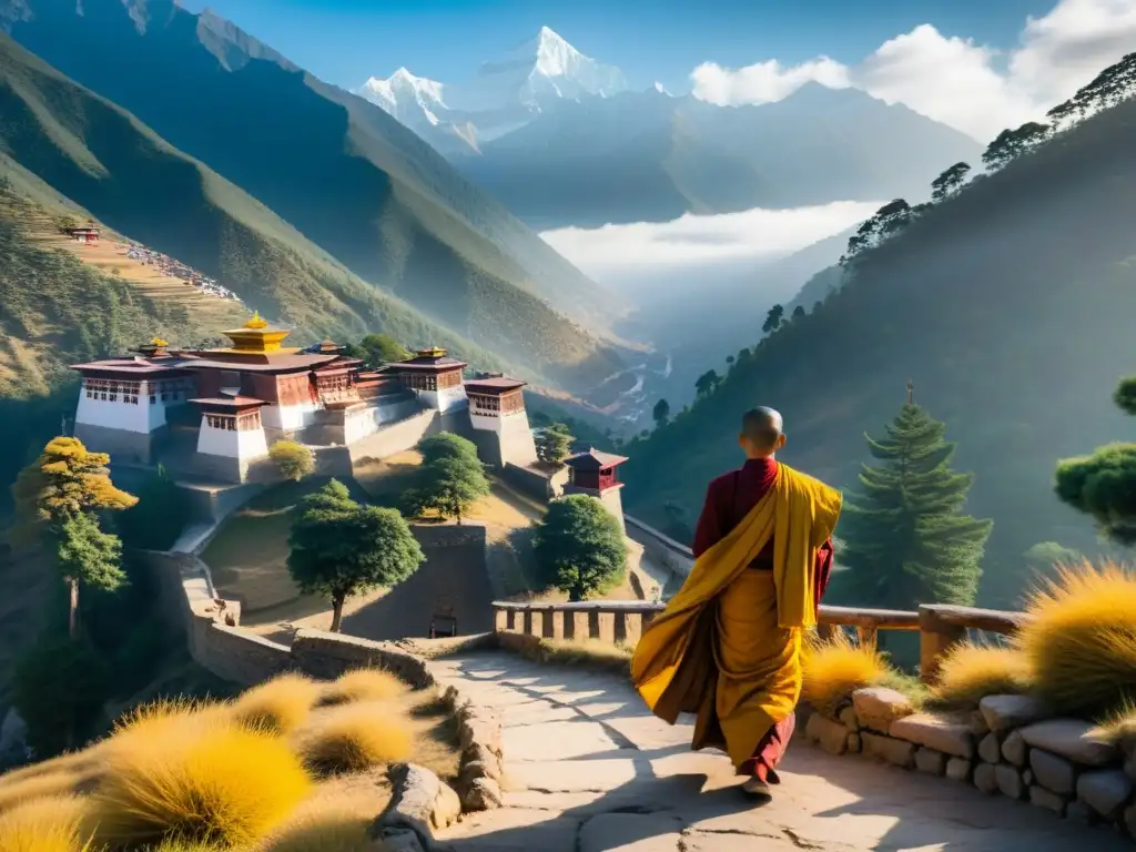 Monasterio en la cima de una montaña neblinosa en el Himalaya, rodeado de árboles centenarios, con monjes en saffron y banderas de oración