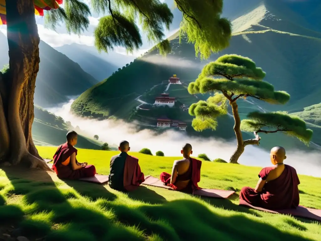 Monasterio en las montañas de Tibet, con monjes en meditación bajo árboles antiguos, capturando la vida monástica budista en su búsqueda de verdad