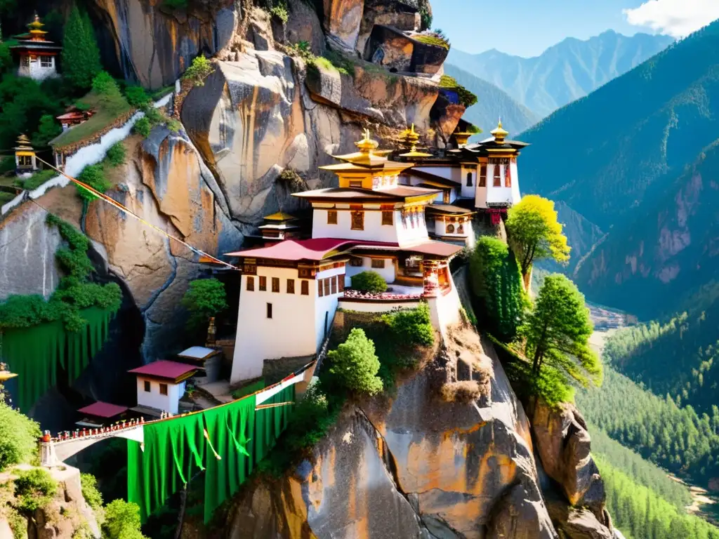 Monasterio del Nido del Tigre en el Valle de Paro, Bhután, rodeado de exuberante vegetación