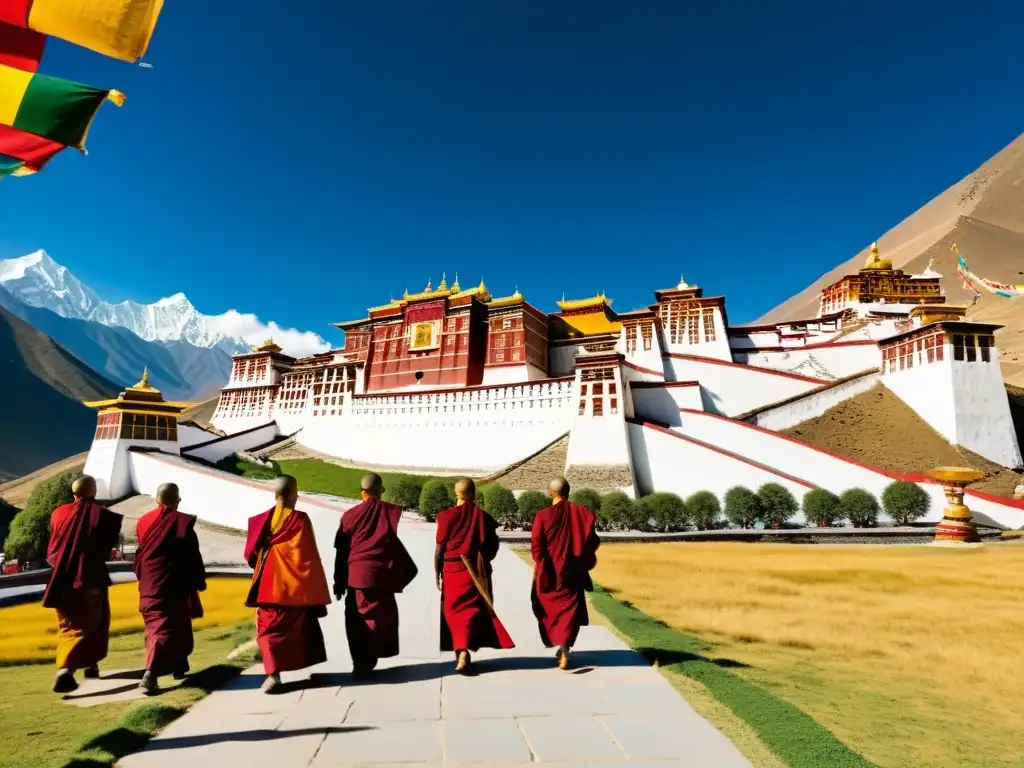 Monasterio tibetano en los Himalayas con banderas de oración ondeando y monjes en meditación