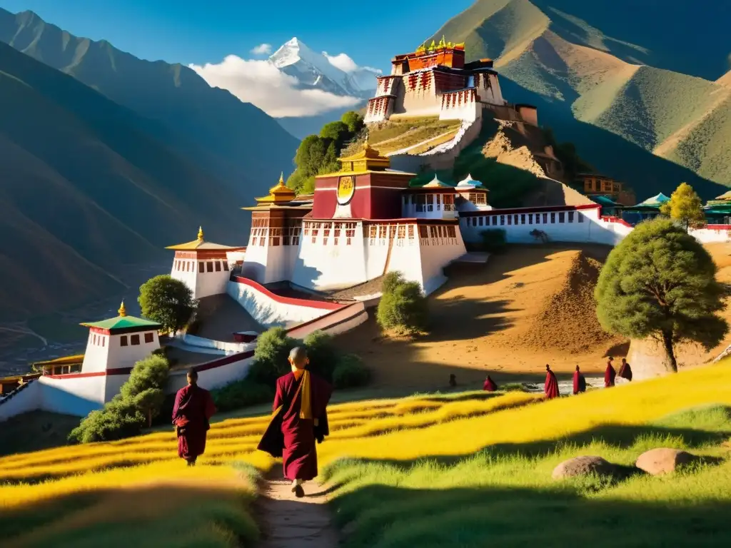 Monasterio tibetano en el Himalaya con banderas de oración y monjes meditando, capturando el arte tibetano espiritual budista en la naturaleza serena