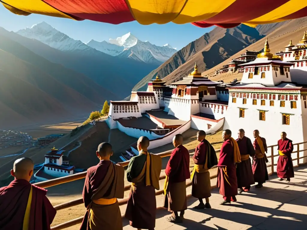 Monasterio tibetano en el Himalaya, con monjes en rituales de oración y ruedas de plegaria, bañado por la cálida luz del sol