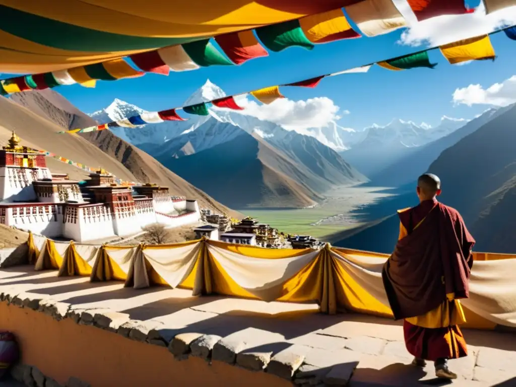 Monasterio tibetano en el Himalaya, con monjes meditando y orando