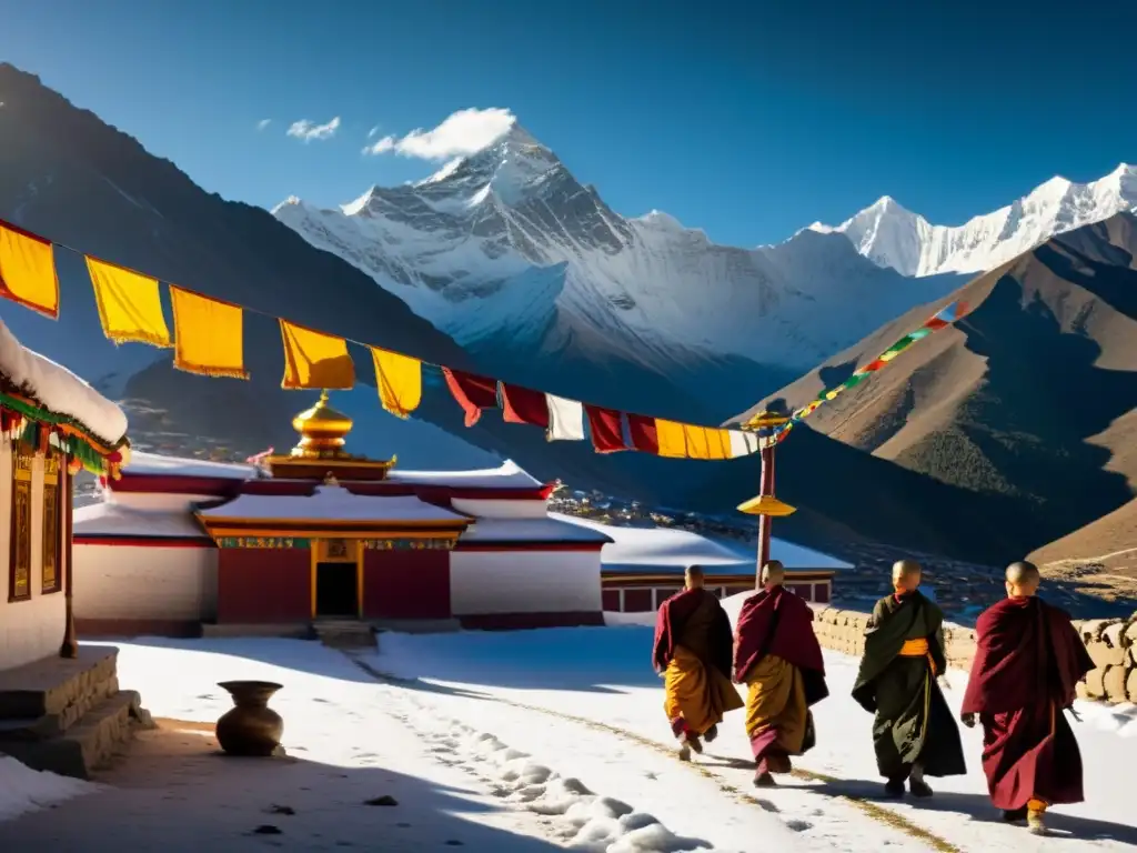 Monasterio tibetano en la nevada cordillera del Himalaya al atardecer, reflejando la Enseñanza tibetana sobre realización