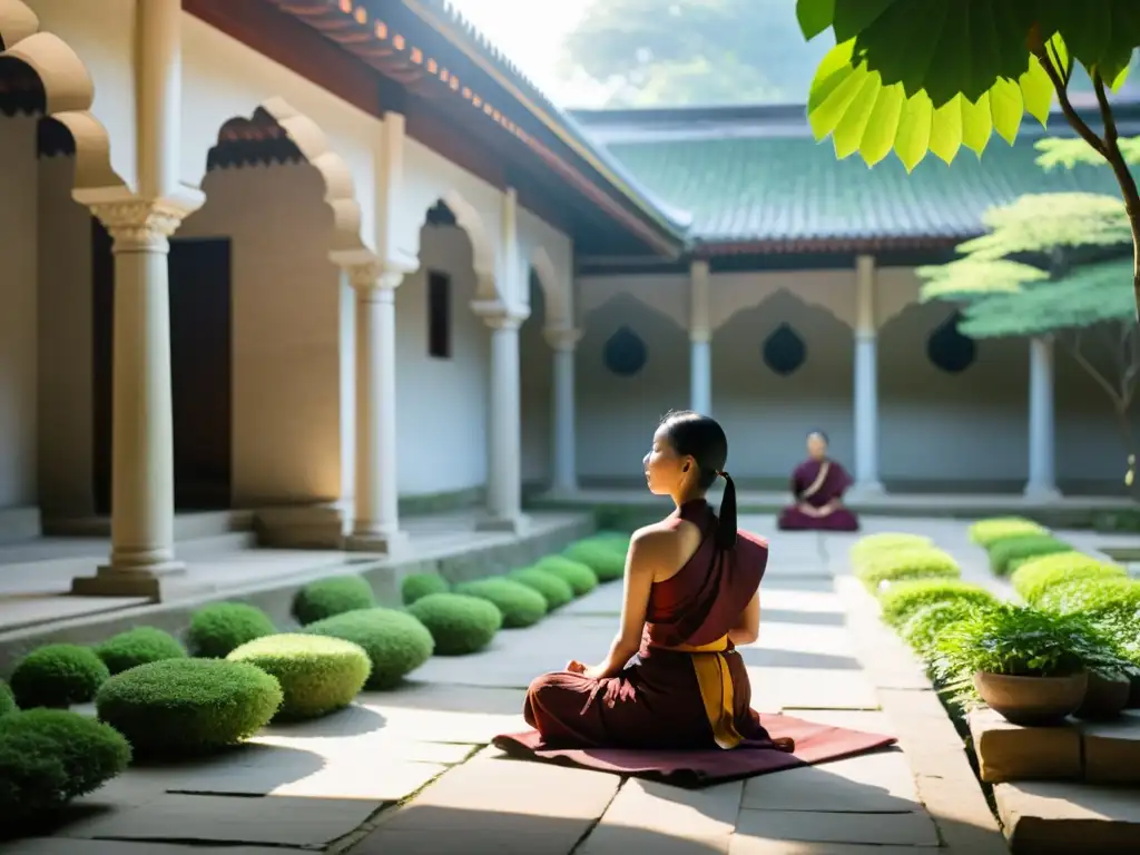 Monasterio tranquilo con monjas budistas en meditación, reflejando la devoción espiritual y fortaleza interior en la sociedad asiática