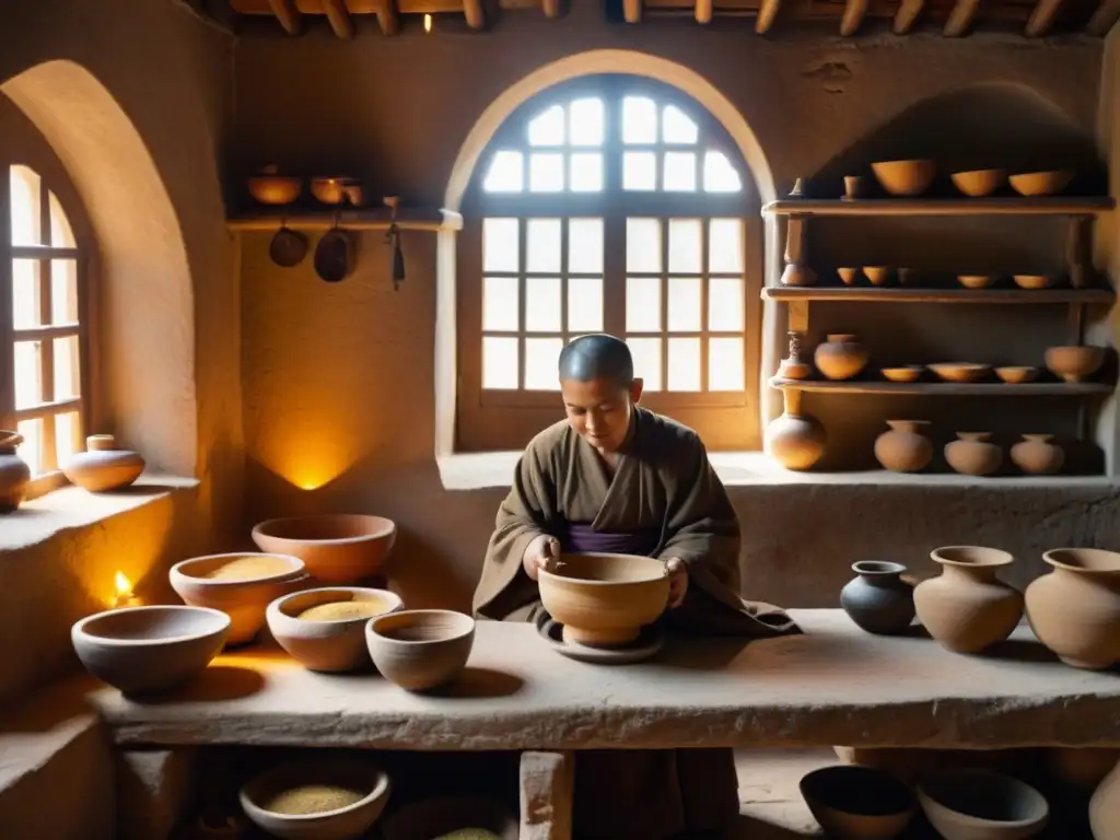 Monasterio tranquilo con monjes preparando recetas ancestrales cocina zen en cocina rústica iluminada por luz dorada