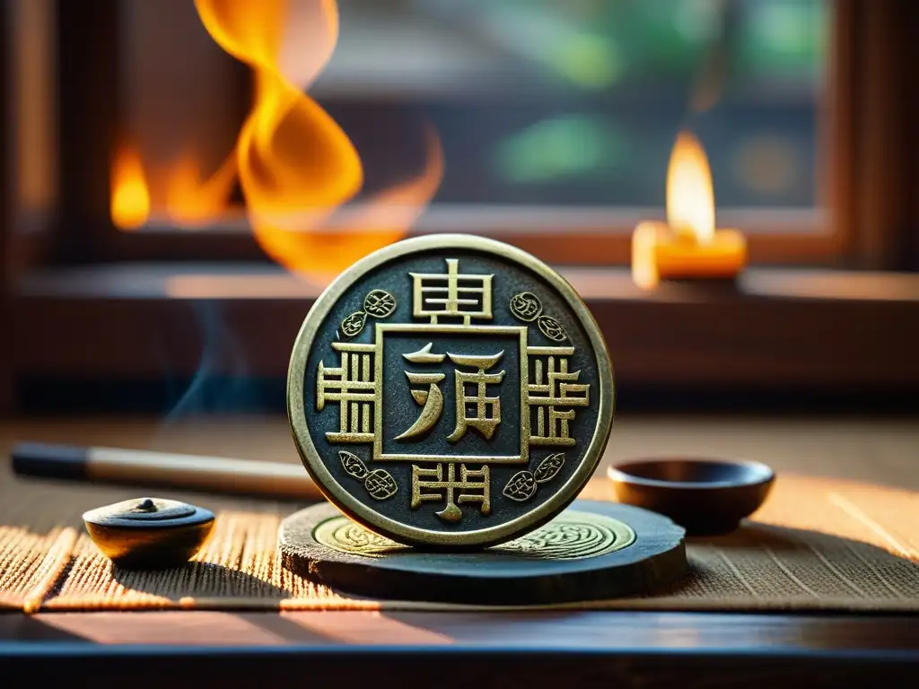 Una moneda china antigua con engravings detallados en una mesa de I Ching, iluminada por un cálido resplandor