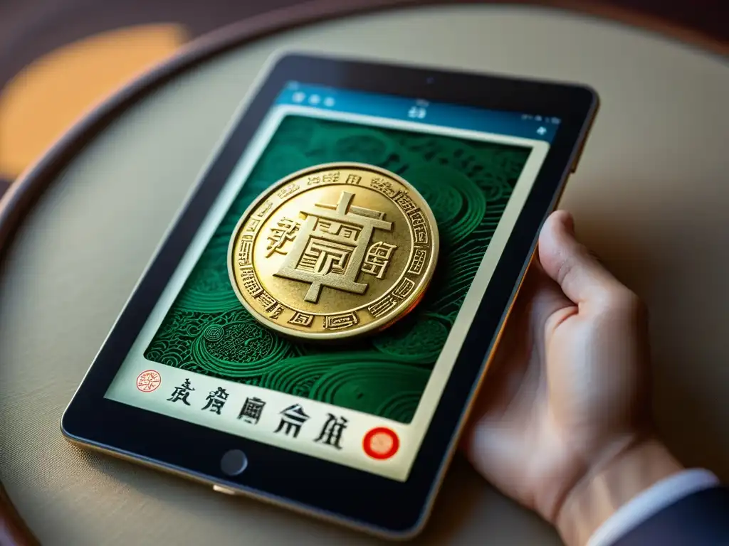 Una moneda china antigua y una tableta digital con precios de criptomonedas se iluminan suavemente, fusionando sabiduría antigua e inversión digital