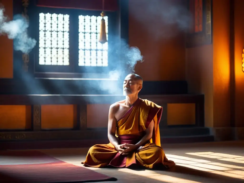 Monje anciano en túnicas azafrán medita en tranquilo salón iluminado, técnica milenaria meditación Vipassana