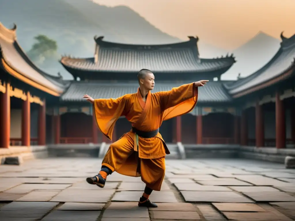 Un monje Shaolin practica artes marciales al amanecer, transmitiendo disciplina y conexión espiritual, en un patio neblinoso