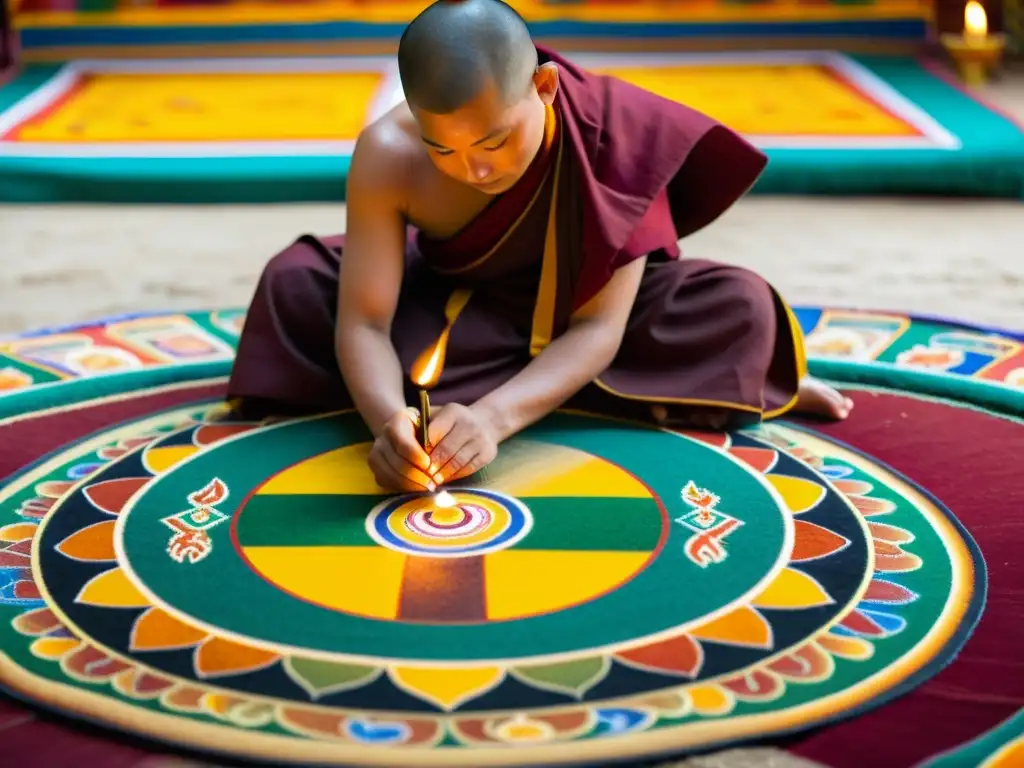 Un monje bhutanes crea un mandala de arena en un templo, inmerso en la rica experiencia cultural en Bhután