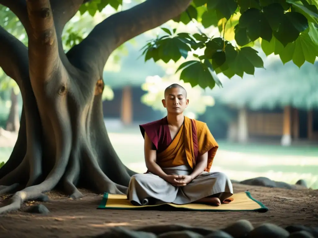 Meditación bajo un árbol Bodhi: Serenidad y mindfulness Un monje budista medita bajo un árbol Bodhi, rodeado de naturaleza tranquila