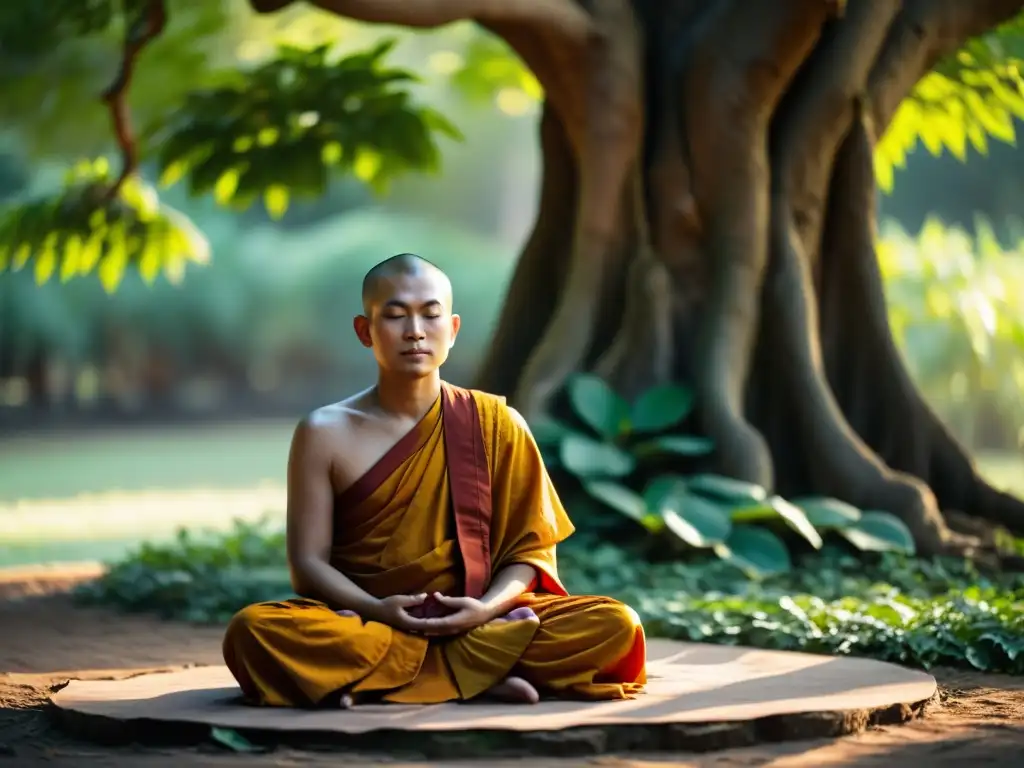 Un monje budista medita bajo un árbol Bodhi, rodeado de naturaleza exuberante y bañado por la luz del atardecer, reflejando paz interior y serenidad, en la práctica diaria de enfrentar sufrimiento Budismo