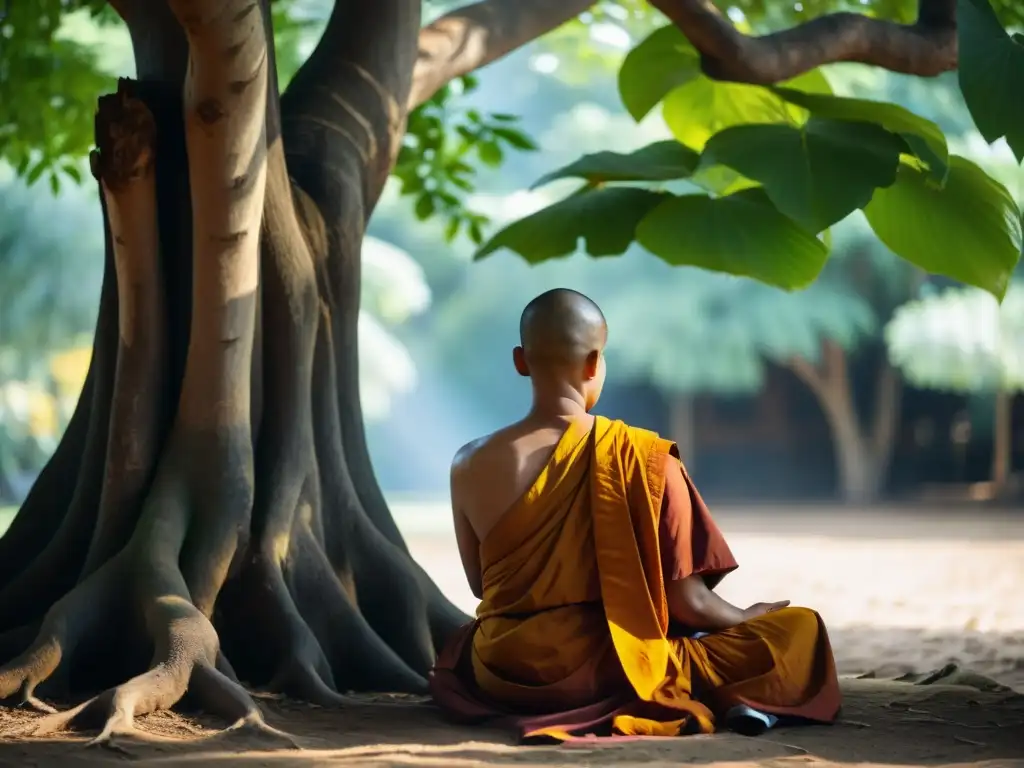 Monje budista meditando bajo árbol Bodhi, evocando paz y conexión con la naturaleza