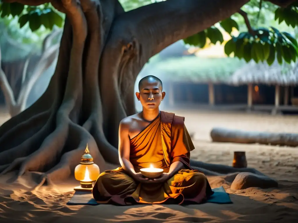 Un monje budista medita serenamente bajo el árbol Bodhi, iluminado por velas y la luz del sol