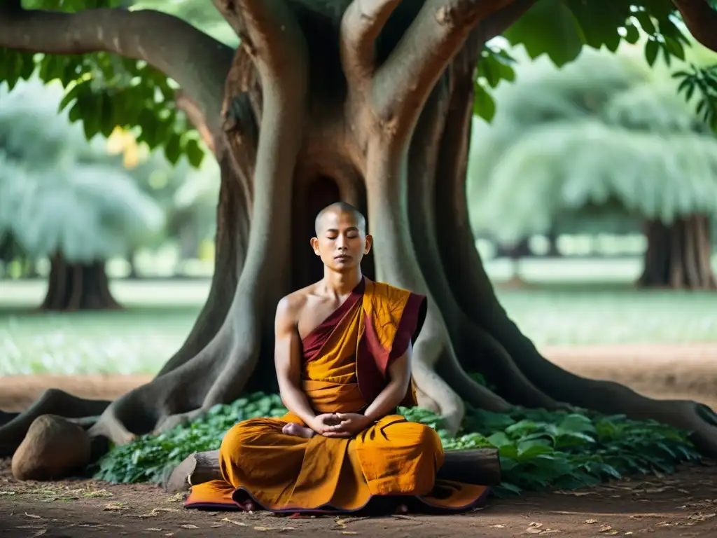 Un monje budista medita bajo un árbol Bodhi en un entorno sereno