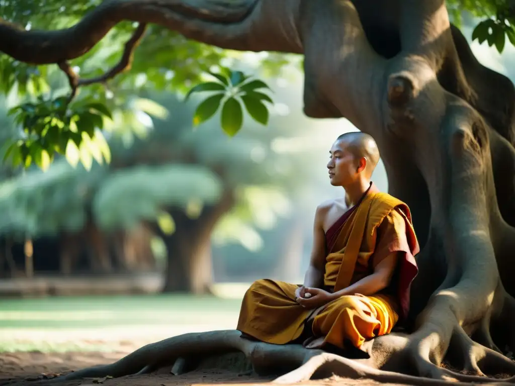 Un monje budista medita bajo un árbol Bodhi, irradiando serenidad