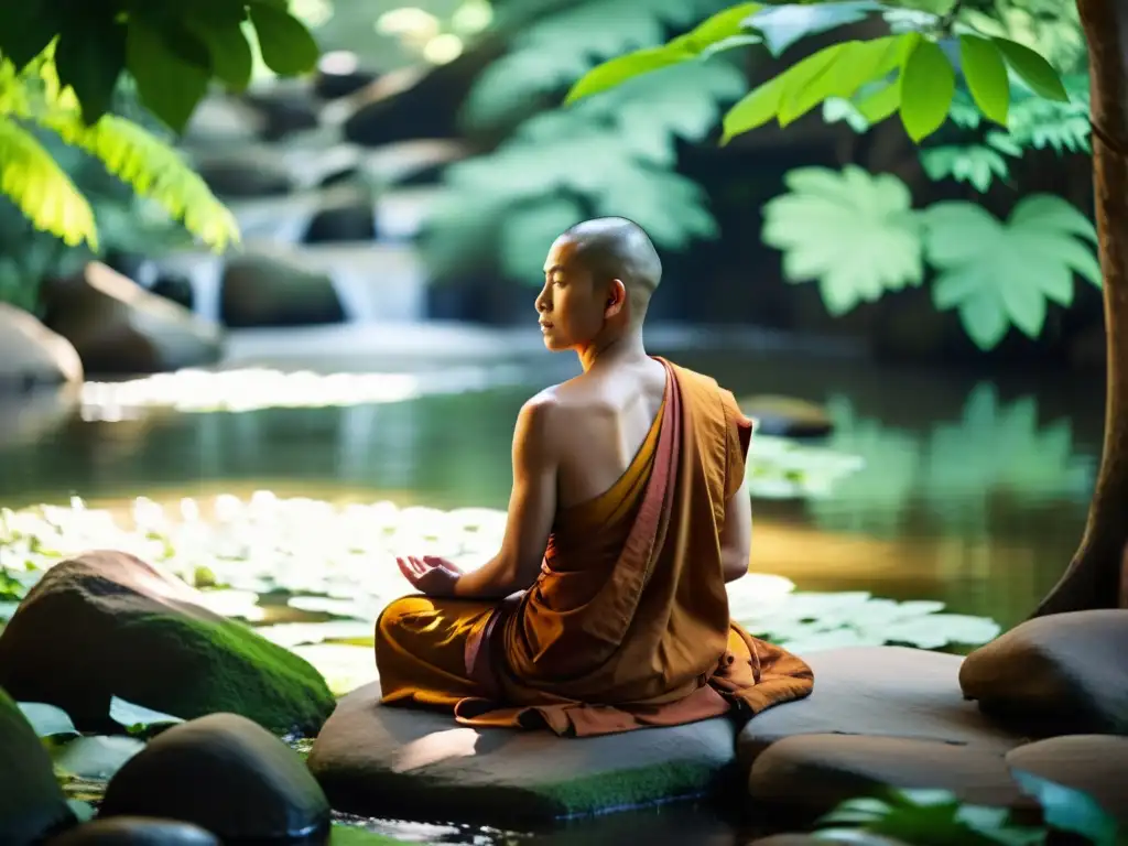 Meditación serena de monje budista en la naturaleza Un monje budista medita en armonía con la naturaleza, inspirando serenidad y paz interior