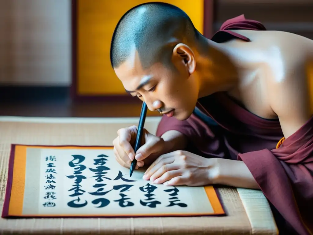 Un monje budista practica el arte de la caligrafía con tinta y pincel sobre papel de arroz, transmitiendo serenidad y tradición