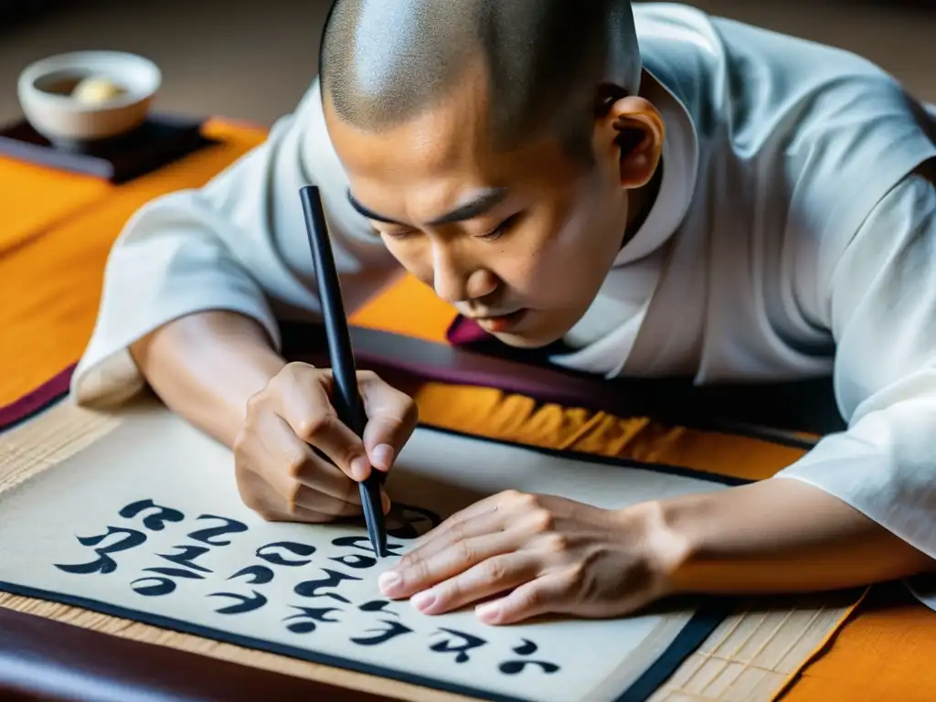 Un monje budista practica la caligrafía con tinta y pincel, demostrando la influencia del budismo en la pintura japonesa