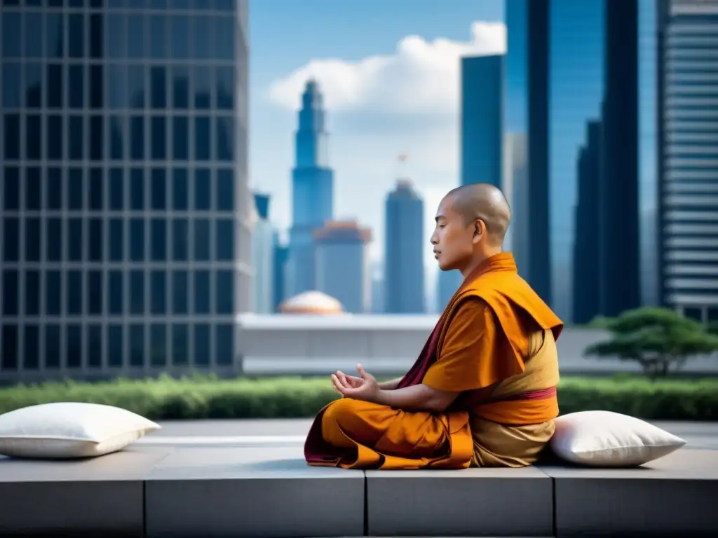 Monje budista meditando en la ciudad, reflejando los desafíos del Budismo en mundo moderno