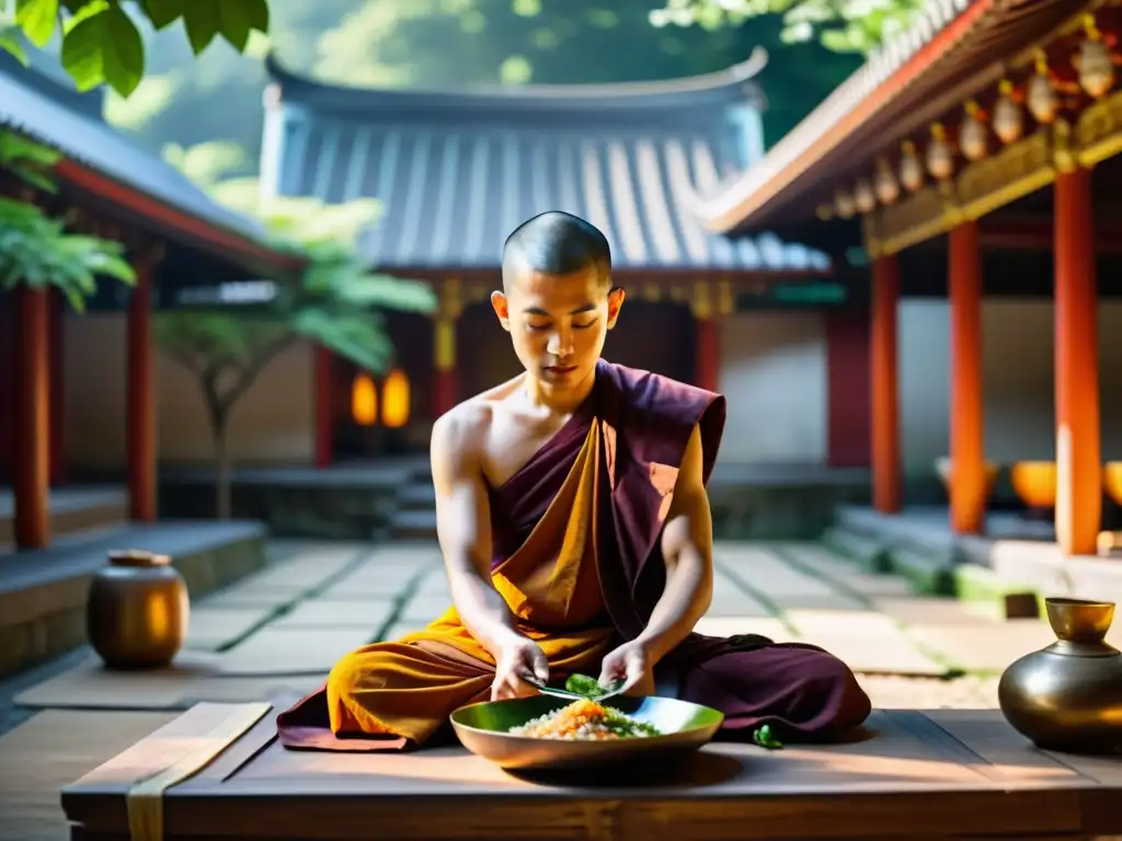 Un monje budista prepara una comida vegetariana en un templo asiático, fusionando gastronomía y espiritualidad