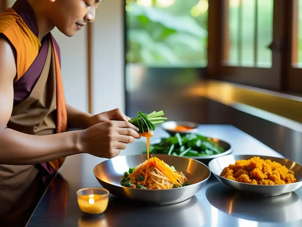 Un monje budista prepara una comida vegetariana colorida y vibrante con cuidado y atención en una tranquila cocina de templo