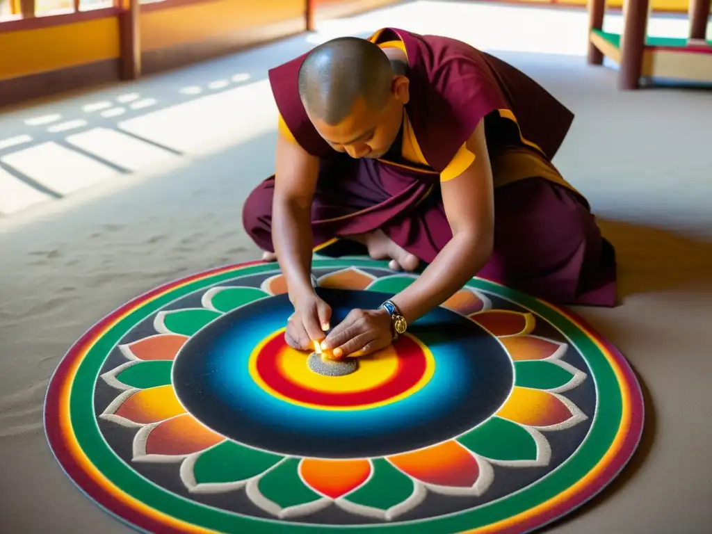 Un monje budista crea con devoción una detallada mandala de arena, reflejando la Noción de Karma en Tradiciones Orientales