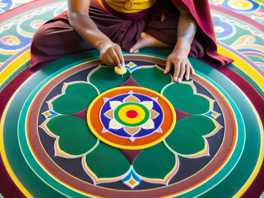 Un monje budista crea con devoción un intrincado mandala de arena, simbolizando la impermanencia de la vida y el ciclo de reencarnación hindú