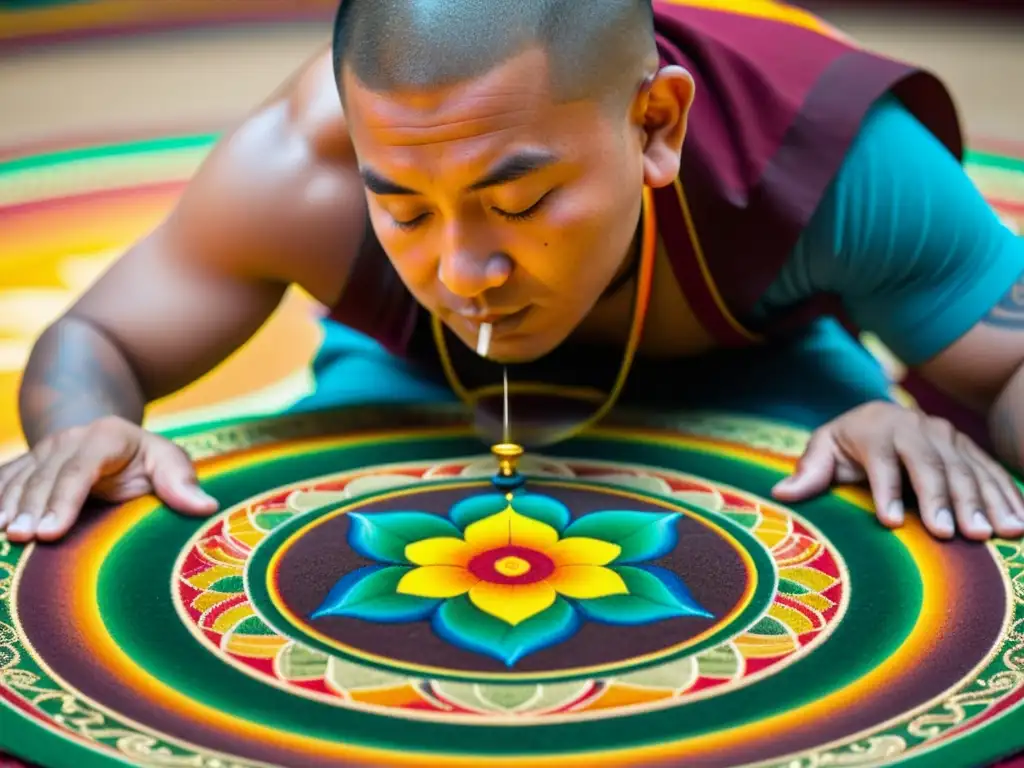 Un monje budista crea con devoción un intrincado mandala de arena, simbolizando la impermanencia y la conexión entre todos los seres