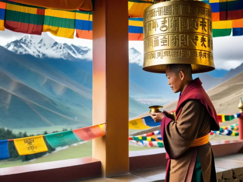 Un monje budista hace girar una elaborada rueda de oración tibetana, con banderas de oración coloridas ondeando en un paisaje de montañas neblinosas