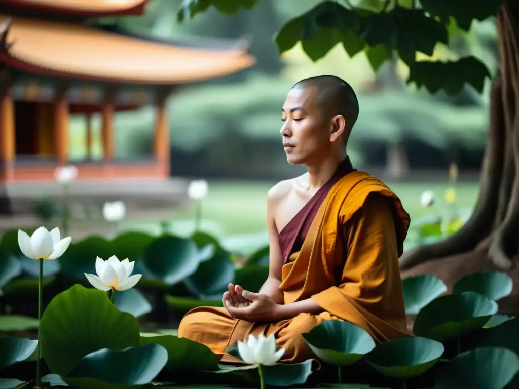 Un monje budista en meditación, con expresión serena, rodeado de paz y naturaleza, enfrentar sufrimiento budismo