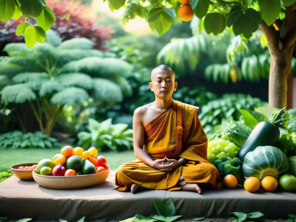 Un monje budista medita en un jardín exuberante lleno de frutas y verduras, transmitiendo calma y la conexión con la dieta vegetariana budista