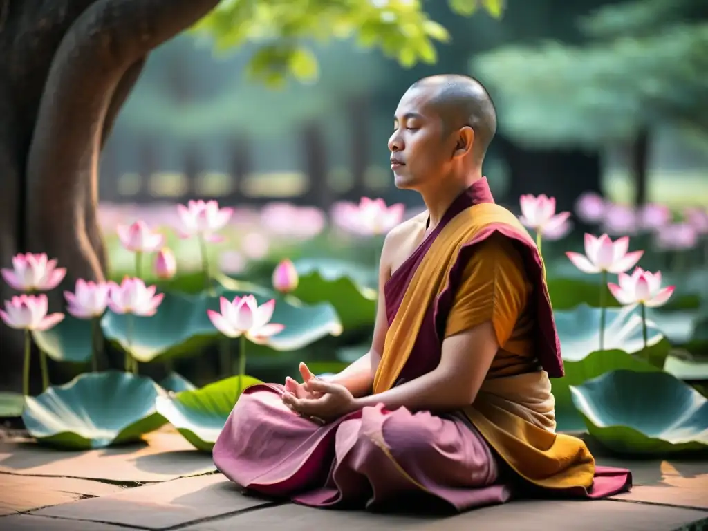 Monje budista meditando entre flores de loto rosadas en el Sutra del Loto en Budismo Mahayana