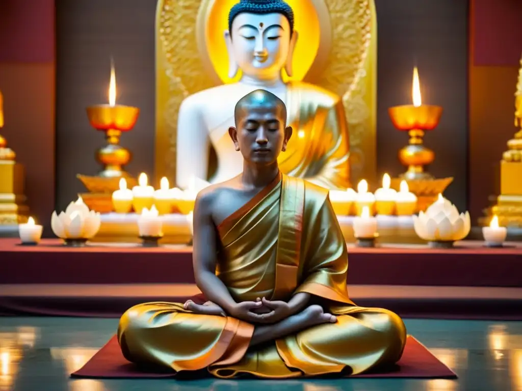 Meditación serena junto a Buda dorado: un retiro espiritual Un monje budista medita frente a una estatua dorada de Buda, rodeado de velas
