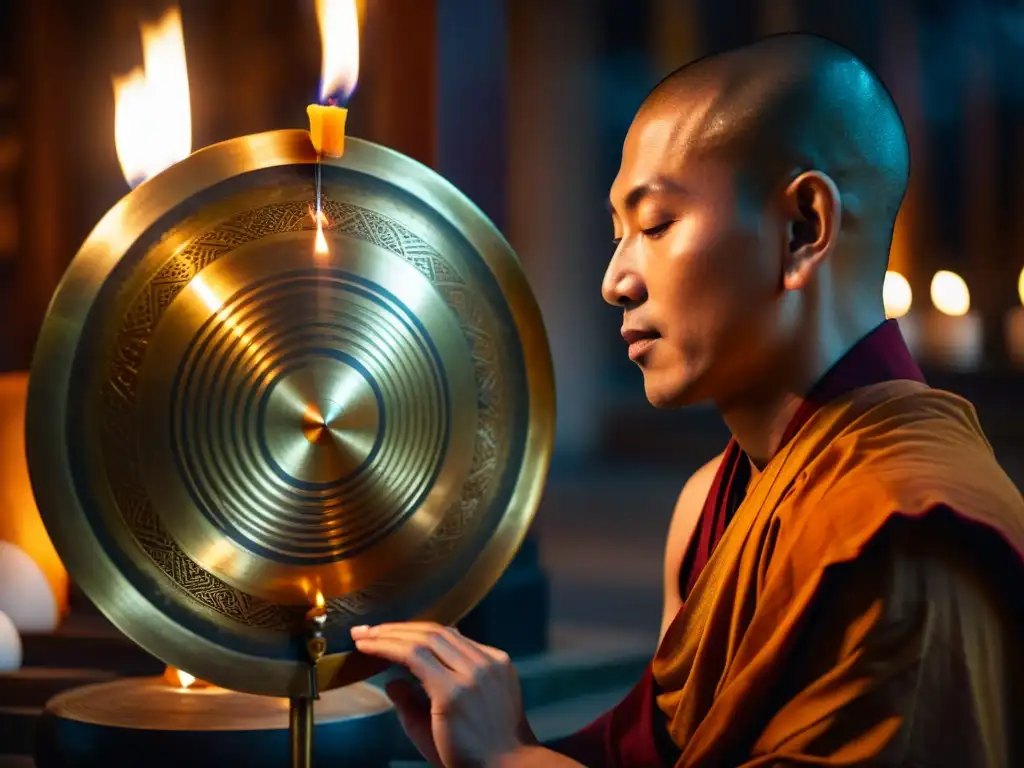 Un monje budista golpea suavemente un gong en un templo iluminado por velas, creando un ambiente sereno y meditativo