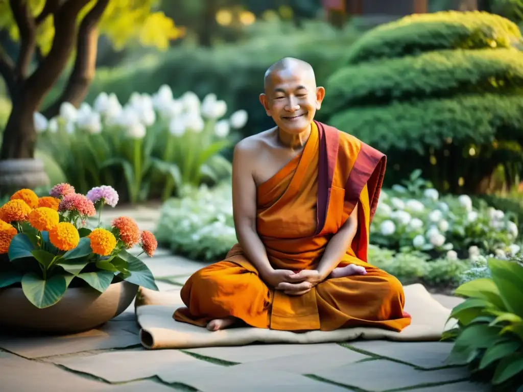 Monje budista meditando en un jardín sereno, conectado con la naturaleza