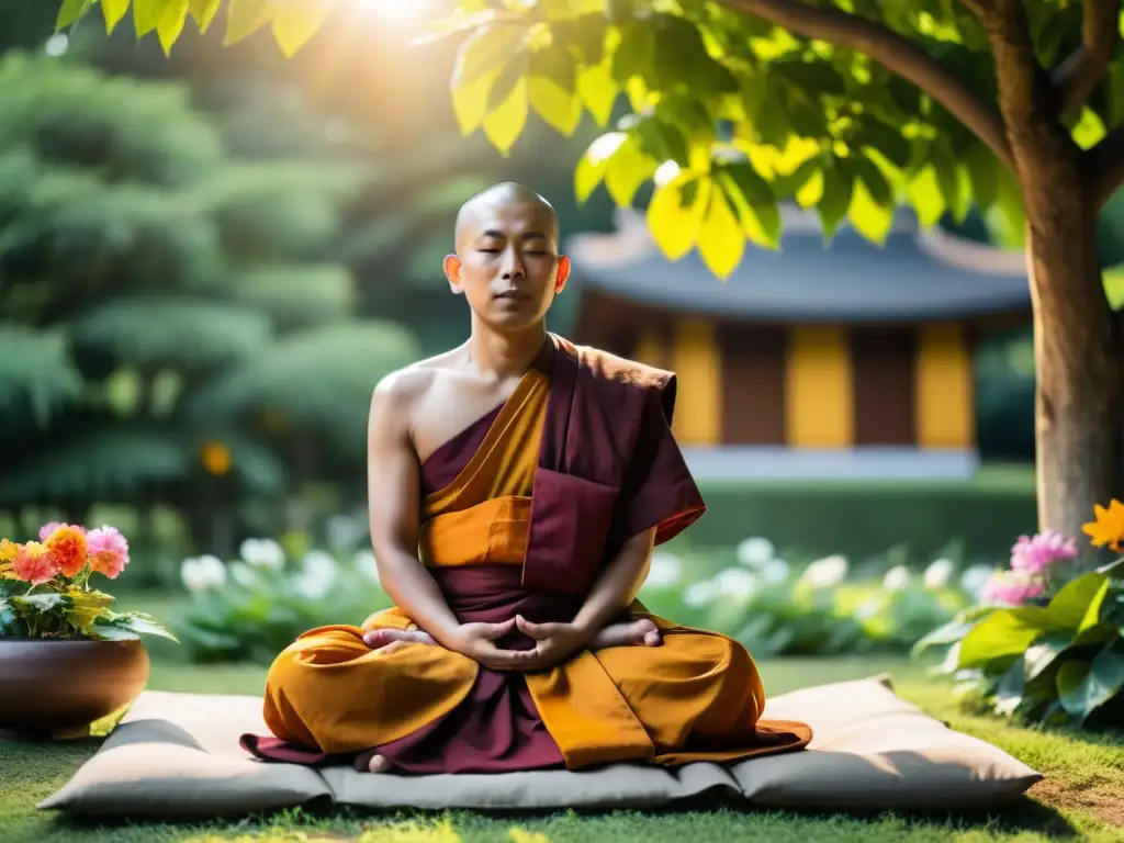 Un monje budista meditando en un jardín sereno, rodeado de naturaleza exuberante y flores coloridas