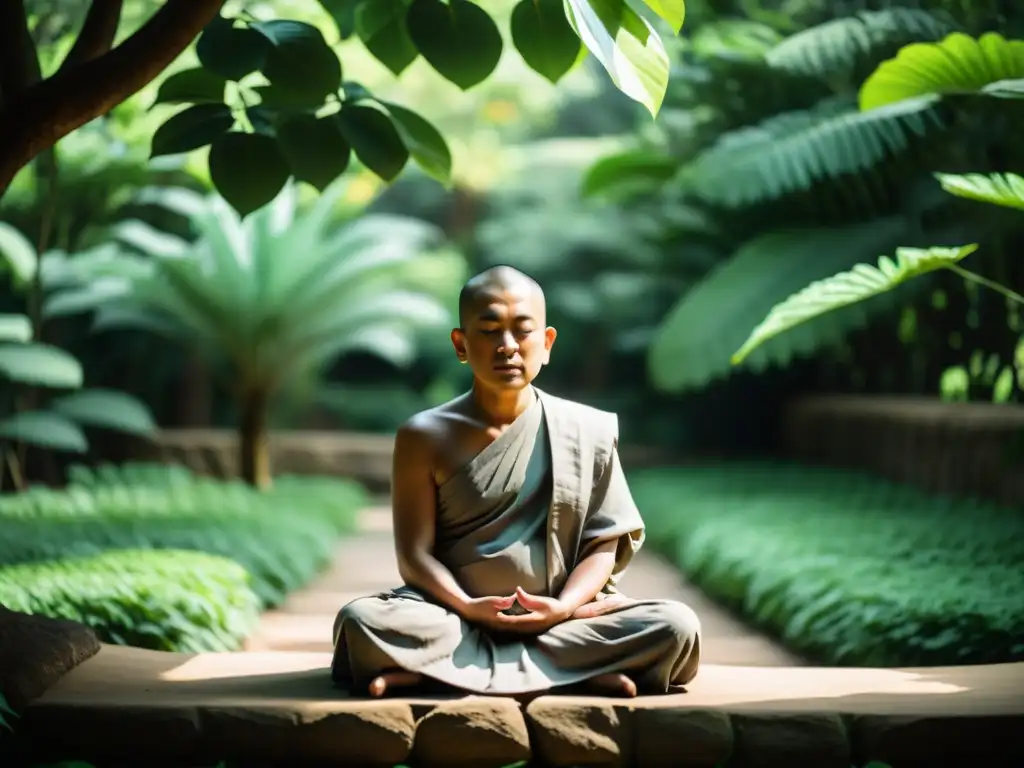 Un monje budista meditando en un jardín verde, irradiando paz y serenidad, capturando el poder del silencio en budismo